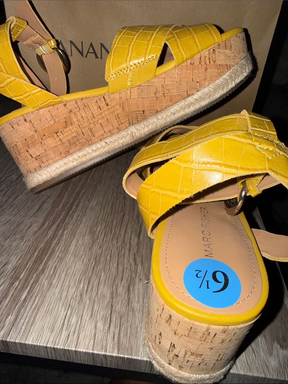 Marc Fisher Yellow Croc-Embossed Cork Wedge Sandals
